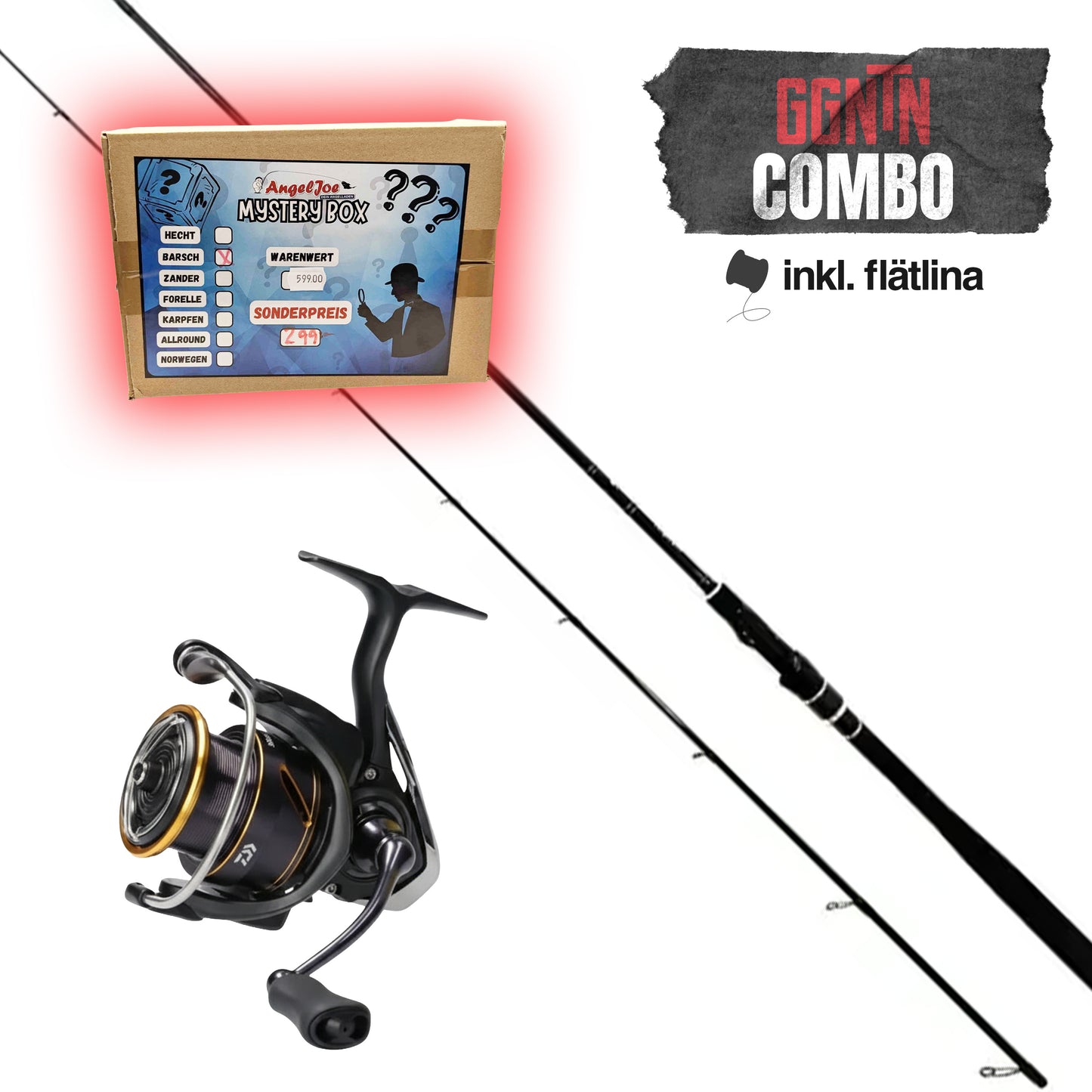 Perch starter kit: Westin AJ Custom Perch 7.4ft 3-18g (2-part) + Daiwa Sensor AJ LT 2000 (incl. spooled braid line) + AngelJoe Mystery Box, Perch